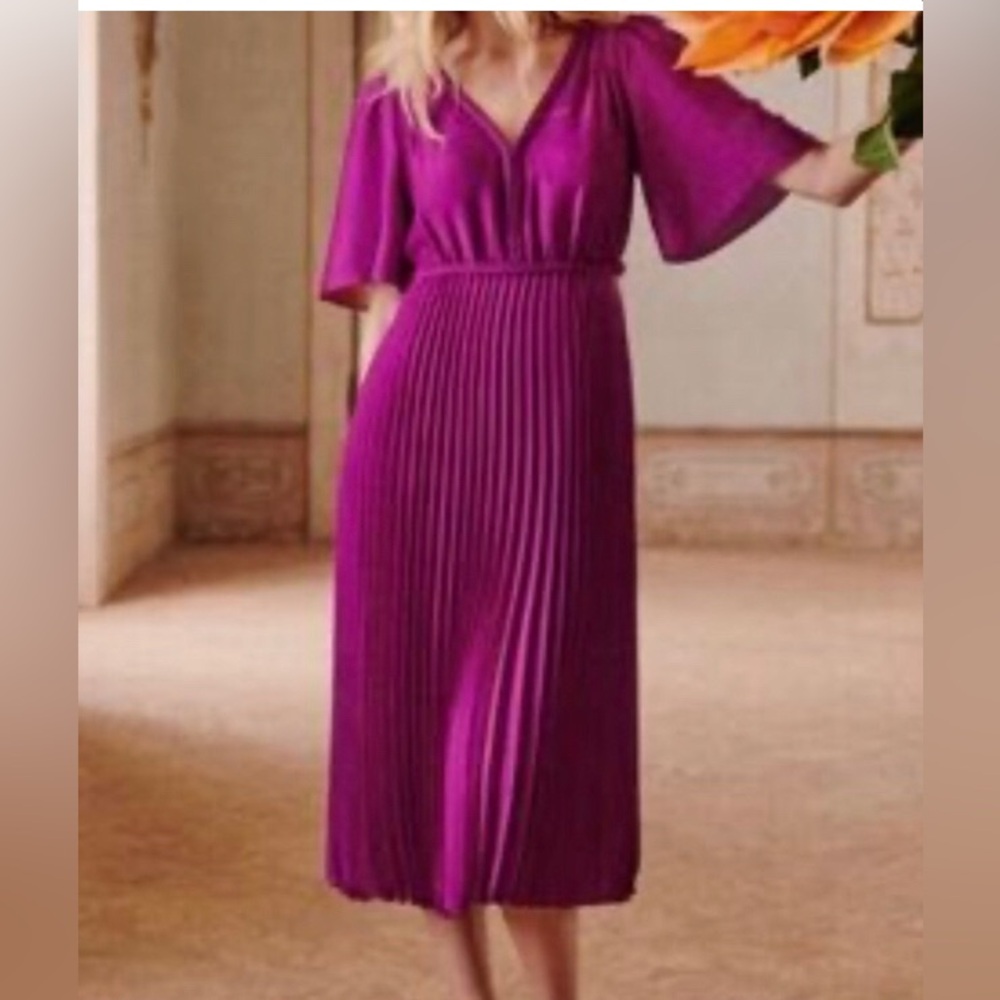 Sézane Florencia dress fuchsia v-neckline plaited braid details pleated sz 36/4